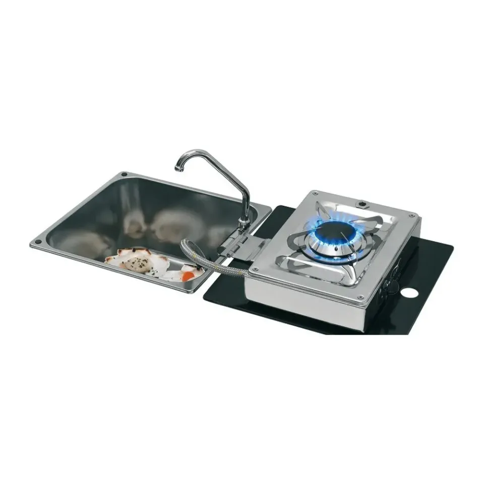 Can réchaud 1 feu rectangulaire inox avec évier rabattable
