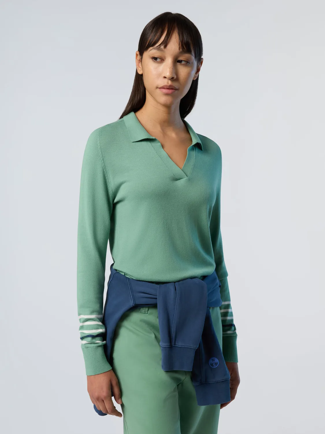 North Sails Pull col V aloe vera coton rayures