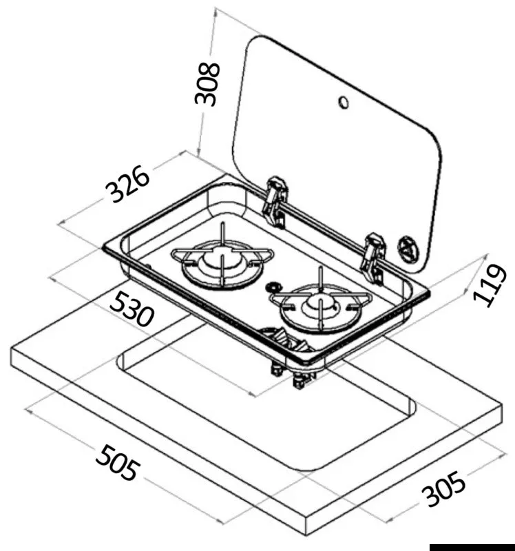 Réchaud inox 2 feux verre fumé encastré 119 mm