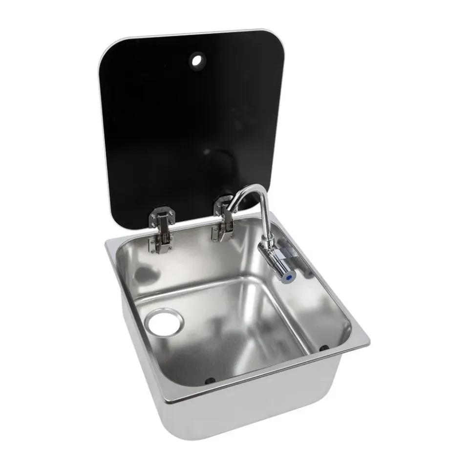 Easysea évier inox couvercle verre teinté 352x322 robinet
