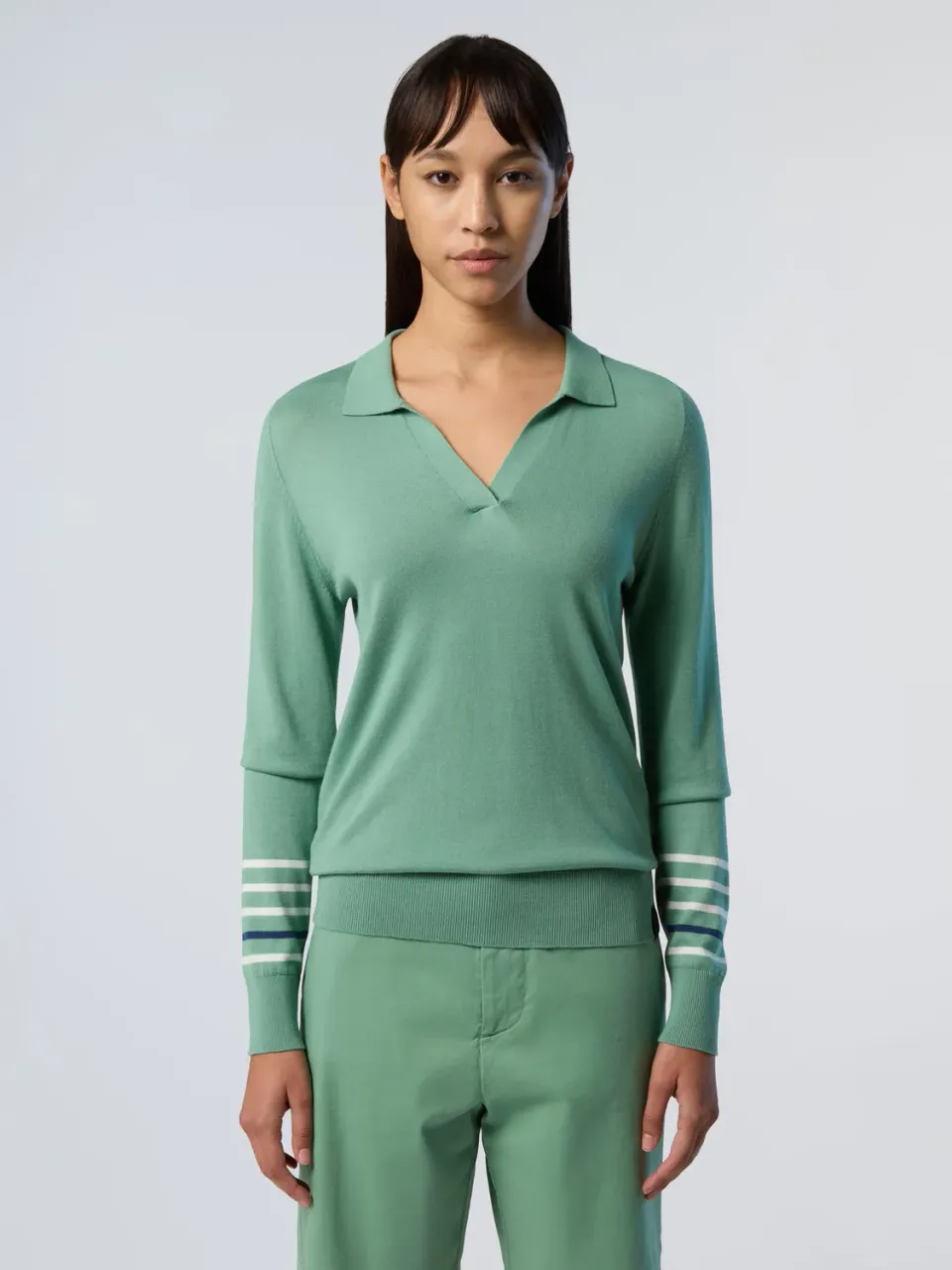 North Sails Pull col V aloe vera coton rayures